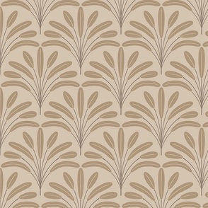 Large scale beige and brown tropical leaves scallop pattern on beige background - Elegant light brown art deco inspired design