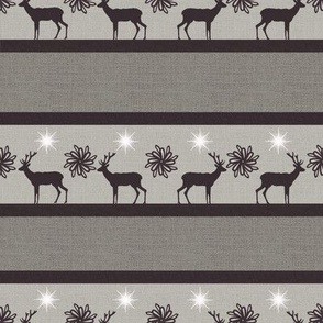 Rustic Winter holiday burlap, hessian with stripes, deer, elk reindeer with flowers 12” repeat grey hues, black silhouettes, stars