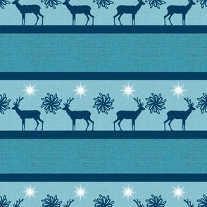 Rustic Winter holiday burlap, hessian with stripes, deer, elk reindeer with flowers 8” repeat light blue, teal verdigris , dark teal, silhouette