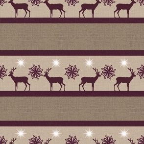 Rustic Winter holiday burlap, hessian with stripes, deer, elk reindeer with flowers12” repeat burgundy, cream, neutral hues