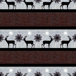 Rustic Winter holiday burlap, hessian with stripes, deer, elk reindeer with flowers 8” repeat dark brown, silver grey, black silhouette