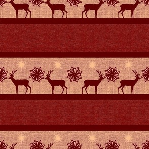 Rustic Winter holiday burlap, hessian with stripes, deer, elk reindeer with flowers 12” repeat burgundy, brick red, coral