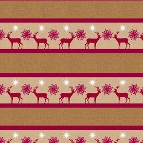 Rustic  cabin core Winter holiday burlap, hessian with stripes, deer, elk reindeer with flowers 6” repeat earthy browns, cream, red silhouettes,stars