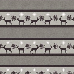 Rustic Winter holiday burlap, hessian with stripes, deer, elk reindeer with flowers 6” repeat grey hues, black silhouettes, stars