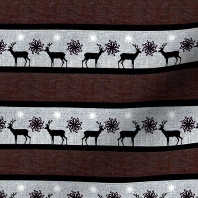 Rustic Winter holiday burlap, hessian with stripes, deer, elk reindeer with flowers 6” repeat dark brown, silver grey, black silhouette