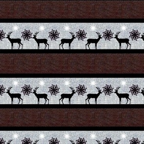 Rustic Winter holiday burlap, hessian with stripes, deer, elk reindeer with flowers 6” repeat dark brown, silver grey, black silhouette