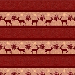 Rustic Winter holiday burlap, hessian with stripes, deer, elk reindeer with flowers 6” repeat burgundy, brick red, coral