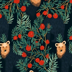 Berry Beary Folk Style Forest Animal Print