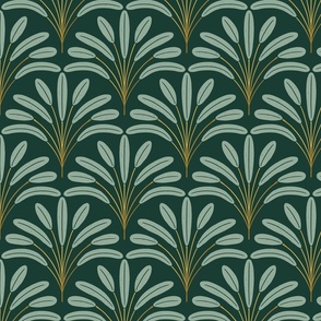 Large sage green and gold tropical leaves scallop pattern on dark green background - Elegant dark green art deco inspired design