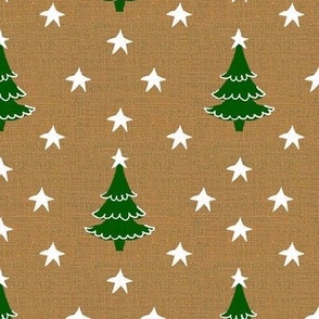 Rustic cabin core faux burlap hessian with silhouette trees and stars half drop 6” repeat neutral burlap, dark green Christmas trees and white stars 