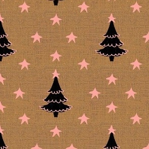 Rustic cabin core faux burlap hessian with silhouette trees and stars half drop 6” repeat neutral burlap, black Christmas trees and pink stars 