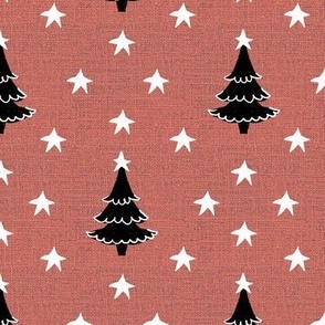 Rustic cabin core faux burlap hessian with silhouette trees and stars half drop 6” repeat neutral pink  burlap, black Christmas trees and white stars 