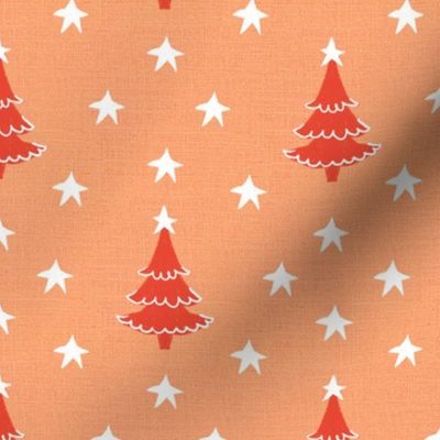 Rustic cabin core faux burlap hessian with silhouette trees and stars half drop 6” repeat peach orange burlap, orange red Christmas trees and white stars 