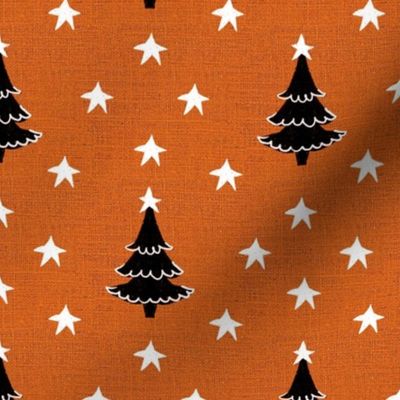 Rustic cabin core faux burlap hessian with silhouette trees and stars half drop 6” repeat orange faux  burlap, black Christmas trees and white stars 