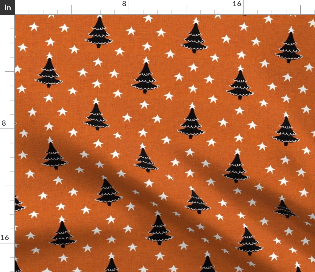 Rustic cabin core faux burlap hessian with silhouette trees and stars half drop 6” repeat orange faux  burlap, black Christmas trees and white stars 