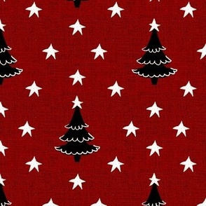 Rustic cabin core faux burlap hessian with silhouette trees and stars half drop 6” repeat dark burlap, black Christmas trees and white stars 