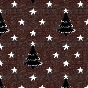 Rustic cabin core faux burlap hessian with silhouette trees and stars half drop 6” repeat neutral blue black faux burlap, black Christmas trees and white stars 