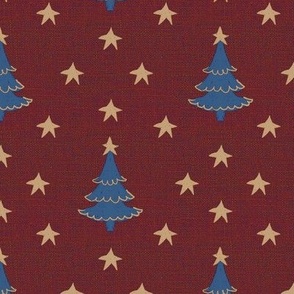 Rustic cabin core faux burlap hessian with silhouette trees and stars half drop 6” repeat brick red burlap, denim blue Christmas trees and gold  stars 