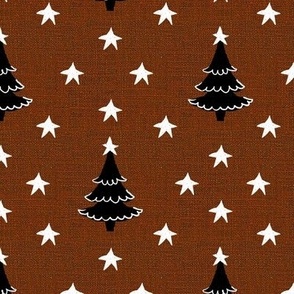 Rustic cabin core faux burlap hessian with silhouette trees and stars half drop 6” repeat neutral russet brown burlap, black Christmas trees and white stars  