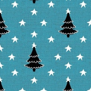 Rustic cabin core faux burlap hessian with silhouette trees and stars half drop 6” repeat denim blue  burlap, black Christmas trees and white stars 