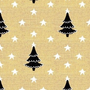 Rustic cabin core faux burlap hessian with silhouette trees and stars half drop 6” repeat neutral burlap, black Christmas trees and white stars in cornsilk cream faux burlap