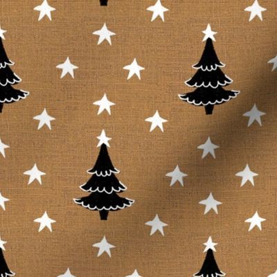 Rustic cabin core faux burlap hessian with silhouette trees and stars half drop 6” repeat neutral burlap, black Christmas trees and white stars 