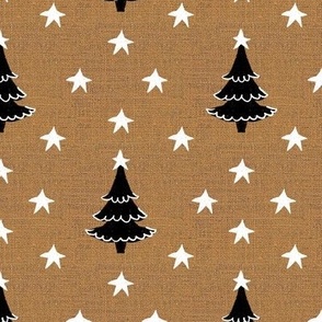 Rustic cabin core faux burlap hessian with silhouette trees and stars half drop 6” repeat neutral burlap, black Christmas trees and white stars 