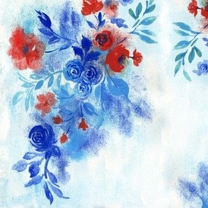 Watercolor florals in classic blue and red Large scale