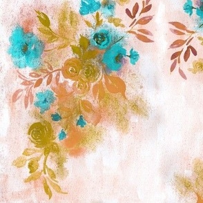 Watercolor florals in blush pink golden ochre and bold aqua Large scale