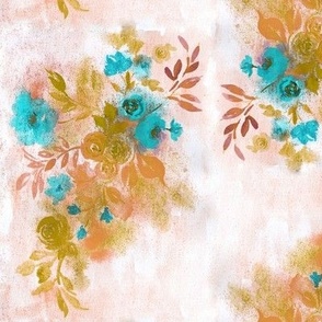 Watercolor florals in blush pink golden ochre and bold aqua Medium scale