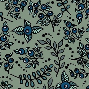 Boho blueberries in tattoo cartoon style Sage green Large scale Multi directional