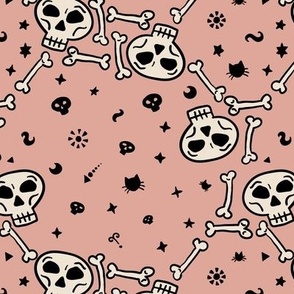 Boho decorative skulls in tattoo cartoon style Blush pink Medium scale