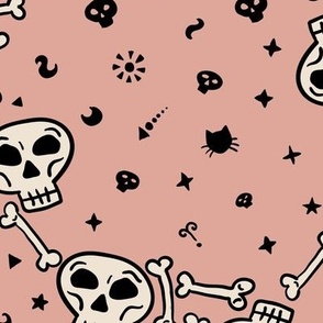 Boho decorative skulls in tattoo cartoon style Blush pink Large scale