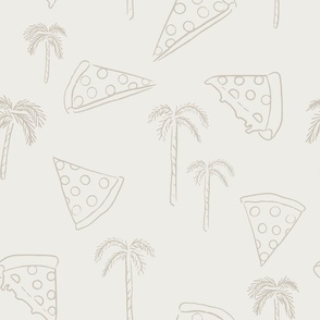 Large hand drawn minimalistic pizza and palm trees in cream and beige