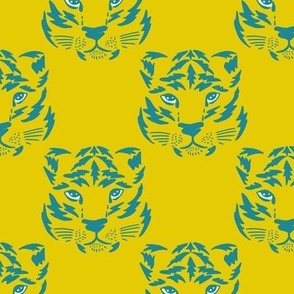 Teal and electric yellow wild tiger´s heads on electric yellow Medium scale