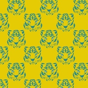 Teal and electric yellow wild tiger´s heads on electric yellow Small scale