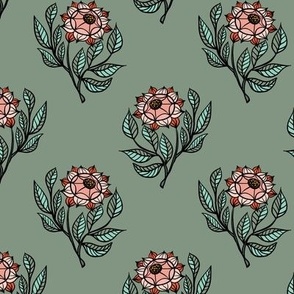 Boho Peony tattooed on Sage green Small scale