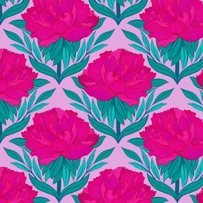 Hot Neon Pink Flowers with Teal Leaves on a bright pink background