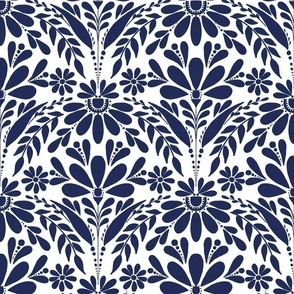 Dark navy blue symetric pattern in white - wallpaper/bedding