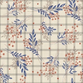  Small/ Medium - Simple floral in terracota, navy blue and tan brown on gingham check in light brown and cream  panna cotta