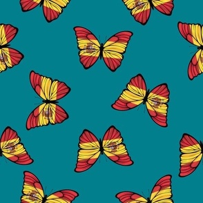 XLARGE Spanish Flag butterflies fabric - cute spain flag teal 10in