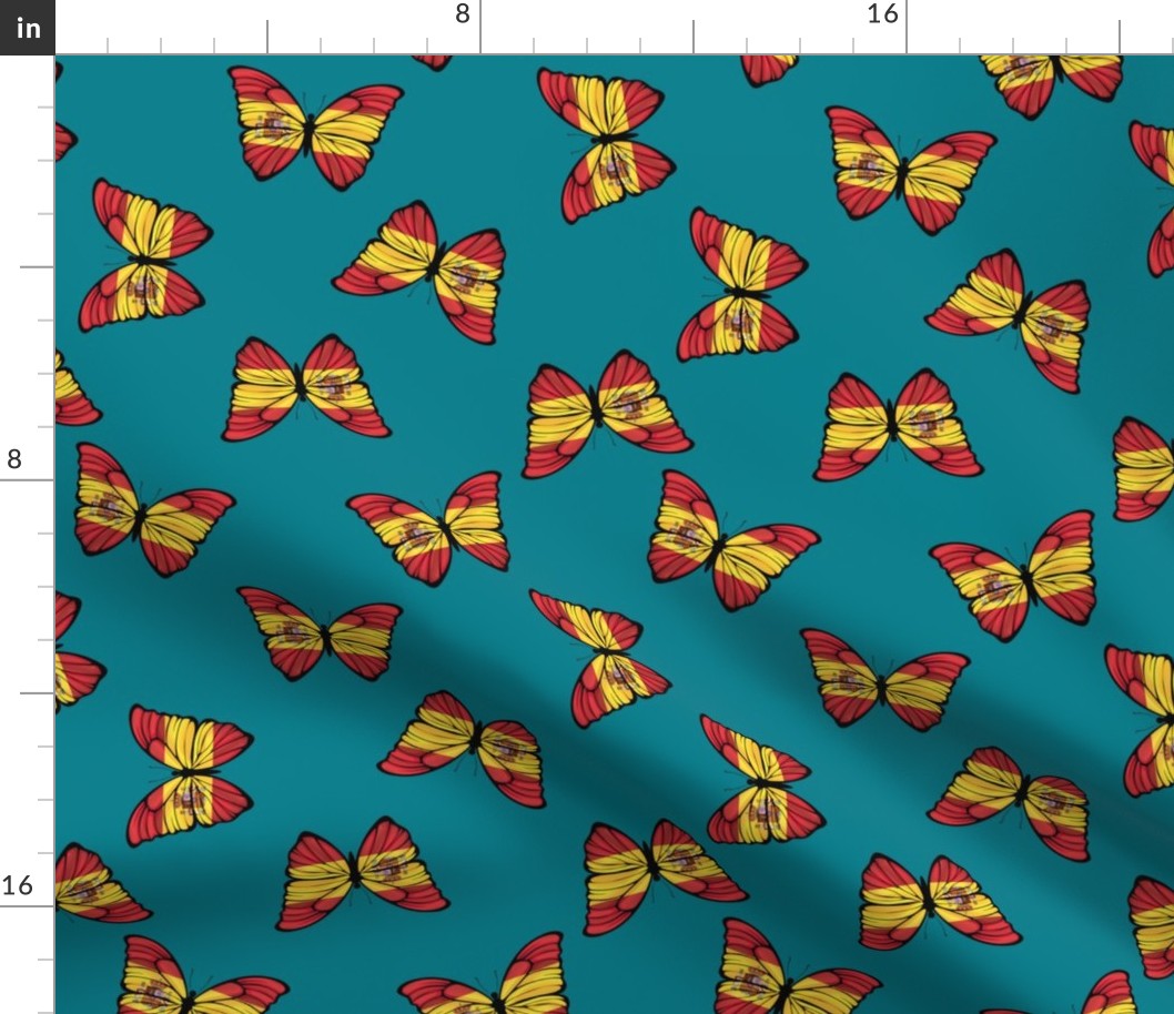 XLARGE Spanish Flag butterflies fabric - cute spain flag teal 10in