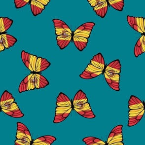 XXLARGE Spanish Flag butterflies fabric - cute spain flag teal 12in