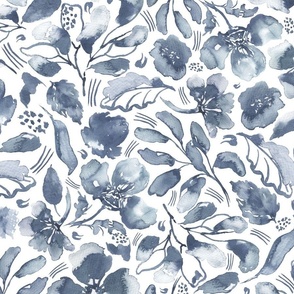 large-Pale indigo blue watercolor loose florals tossed on white background