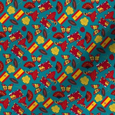 MINI Spain fabric - love rose_ salsa_ bull_ red and yellow spanish flag teal 4in