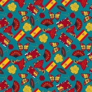 MINI Spain fabric - love rose_ salsa_ bull_ red and yellow spanish flag teal 4in