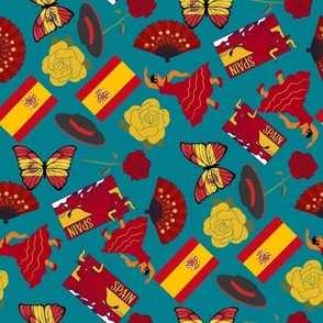 XLARGE Spain fabric - love rose_ salsa_ bull_ red and yellow spanish flag teal 12in