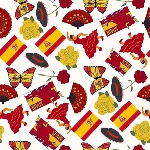 MEDIUM Spain fabric - love rose_ salsa_ bull_ red and yellow spanish flag 8in