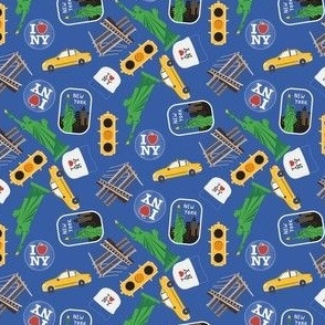 MINI New York City fabric - yellow taxi_ brooklyn bridge_ i love ny_ cute design blue 4in