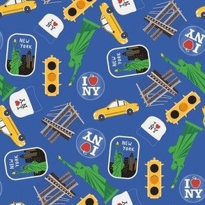 SMALL New York City fabric - yellow taxi_ brooklyn bridge_ i love ny_ cute design blue 6in
